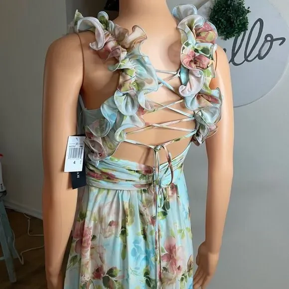 BETSY & ADAM Floral Print Ruffle Lace Back Gown Sz. 4 - Picture 3 of 11